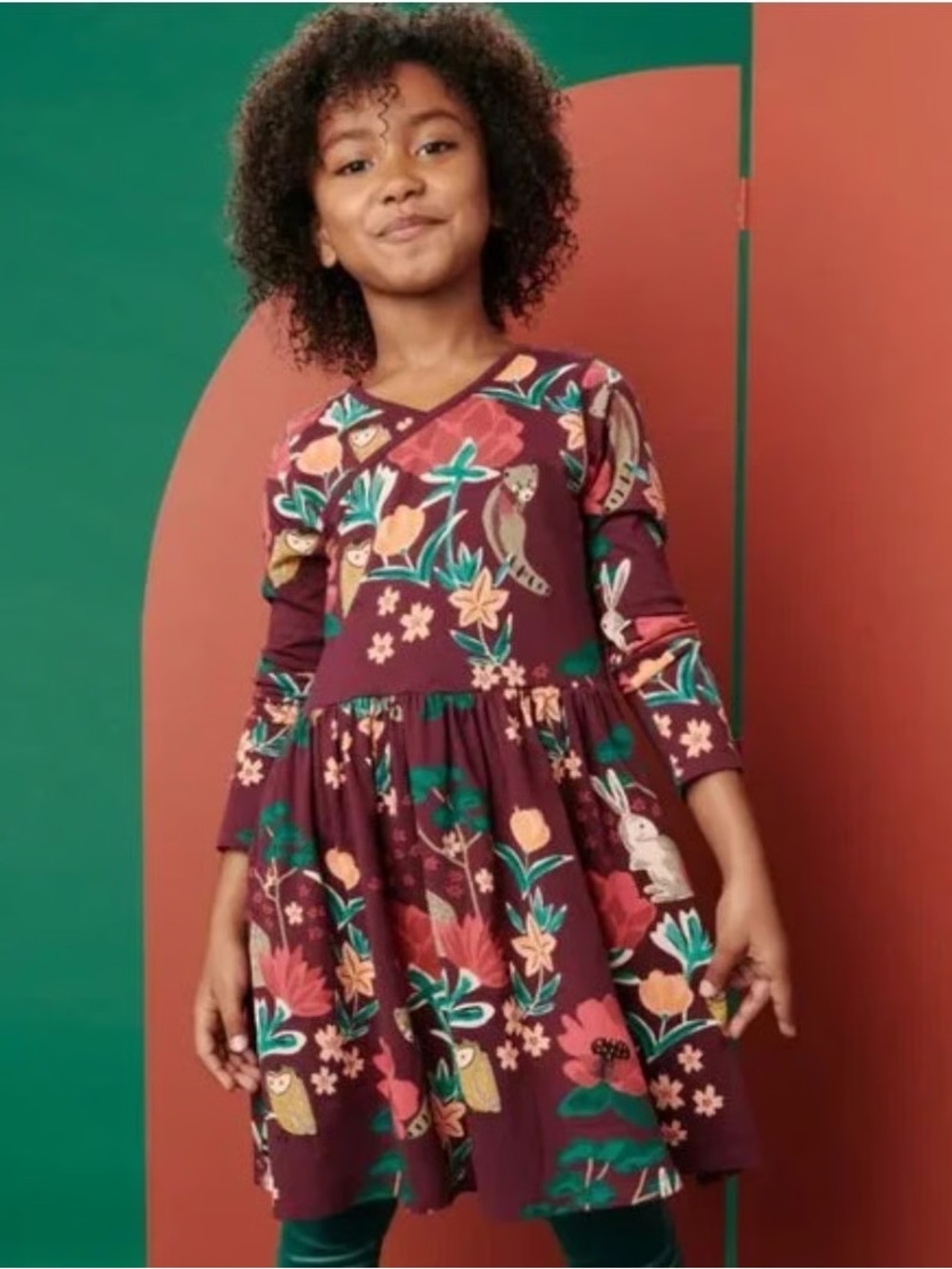 Tea Collection Girls Floral Long Sleeve Dress Owls Bunnies 12 Woodland Creatures